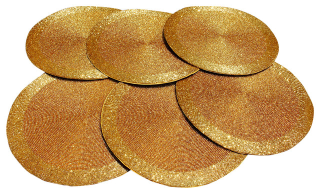 GARIAN - Gold Glass Beads Braided Round Tabletop Decor Placemats, Set