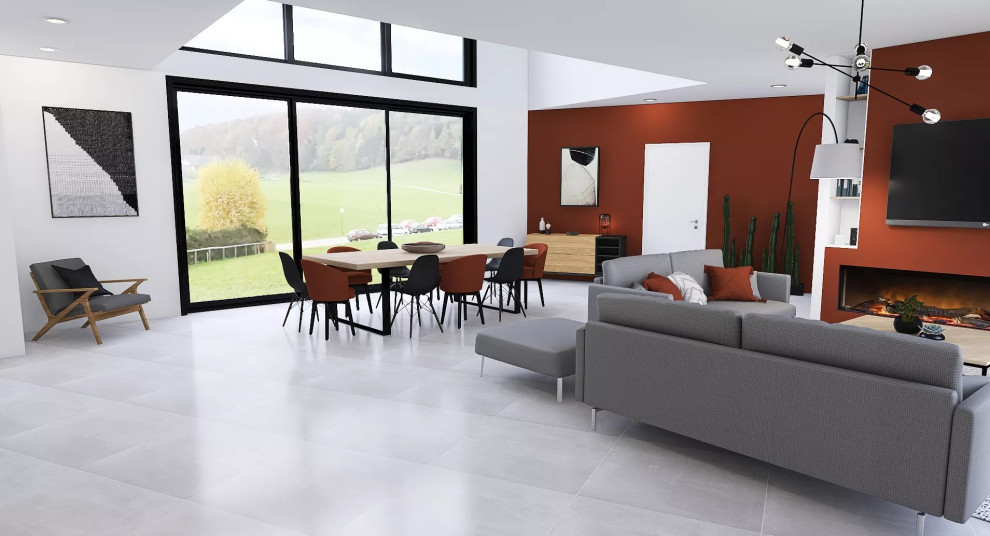 Ispirazione per un grande soggiorno moderno aperto con pareti rosse, pavimento con piastrelle in ceramica, stufa a legna, TV a parete e pavimento grigio