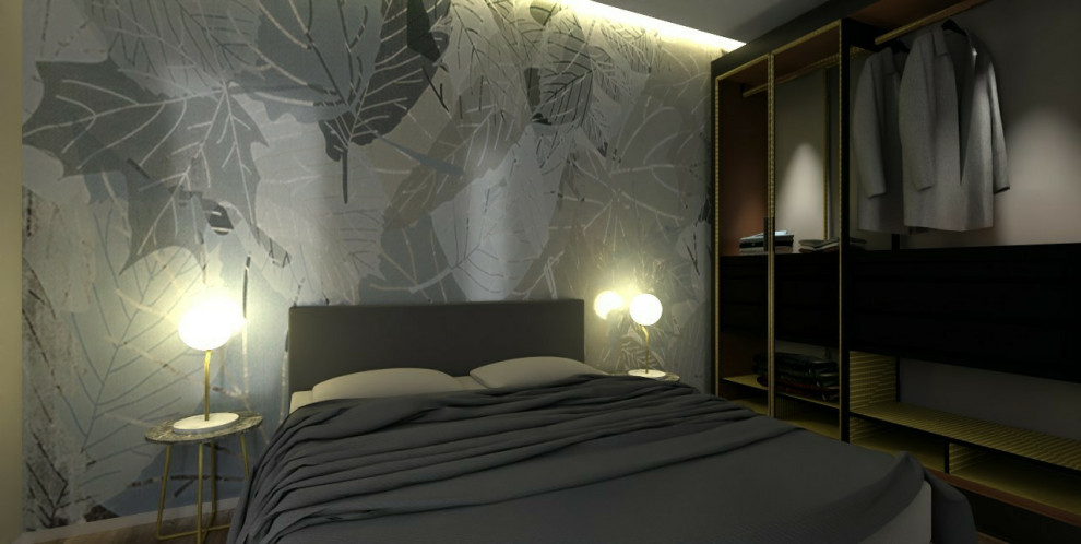 Mittelgroßes Modernes Hauptschlafzimmer mit beiger Wandfarbe, hellem Holzboden, eingelassener Decke und Tapetenwänden in Catania-Palermo