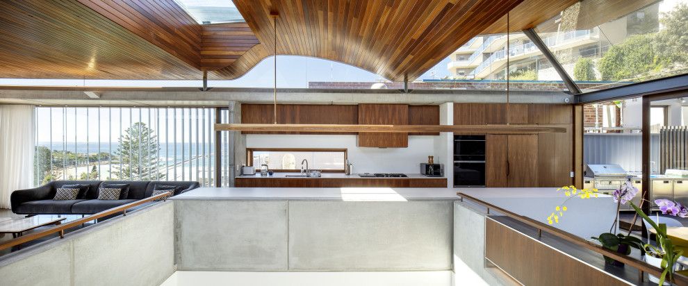 Design ideas for a large contemporary kitchen in Sydney with concrete floors, grey floor and timber.