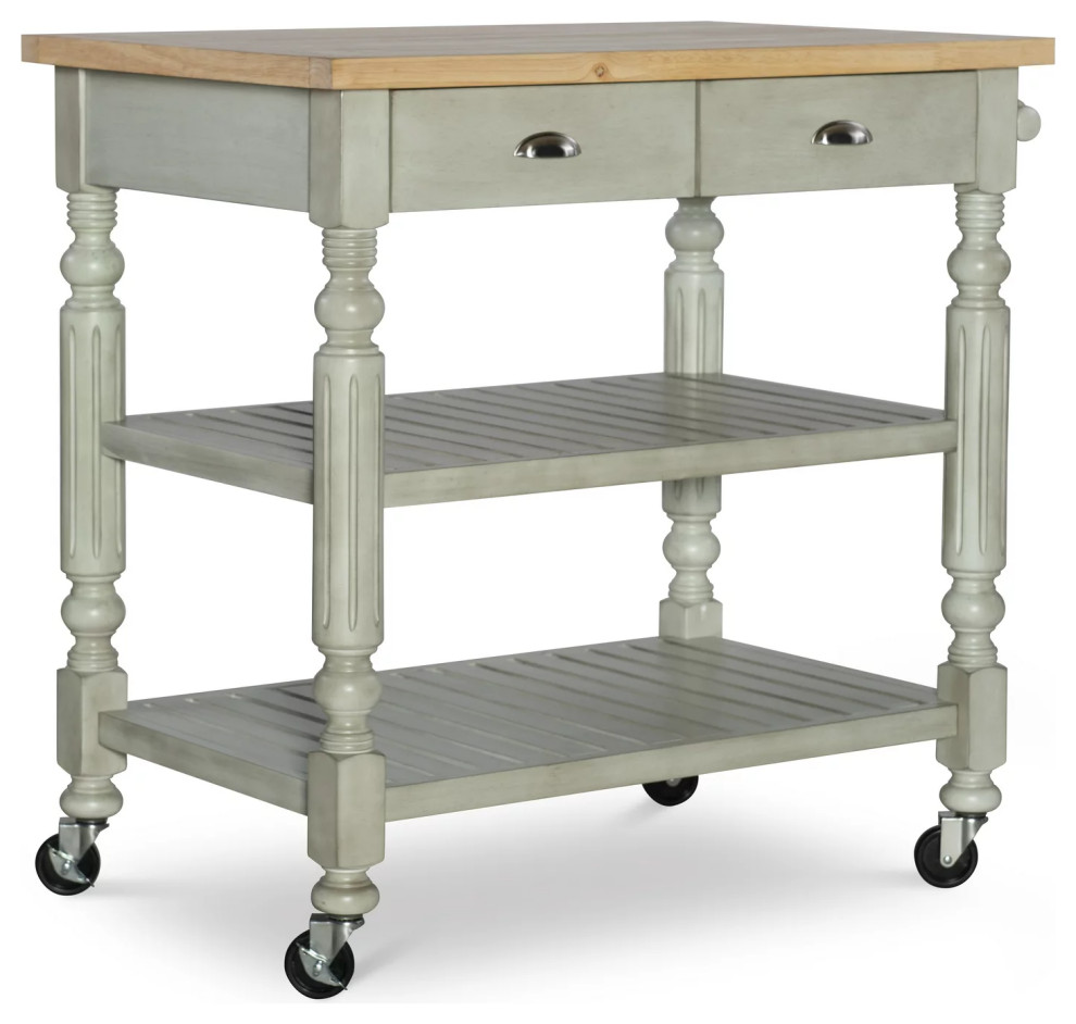 Vintage Kitchen Cart, Large Slatted Shelves & 2 Drawers, Distressed Gray/Natural Traditional