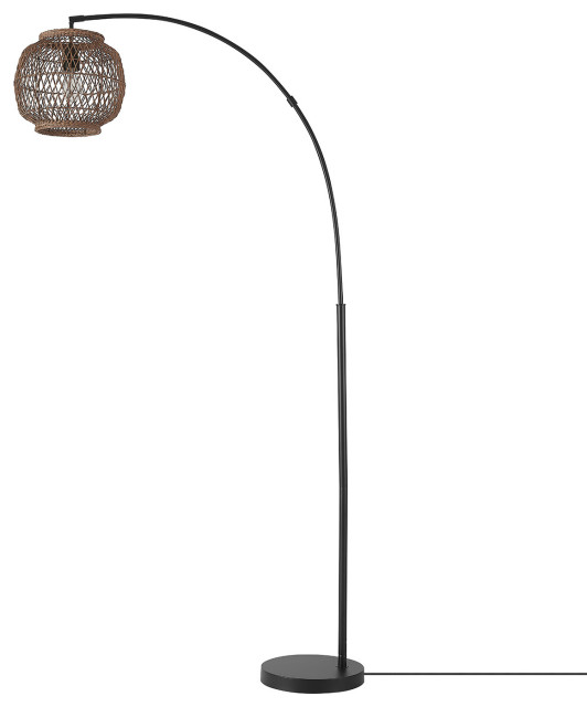 Olivia 79" Matte Black Floor Lamp with Rattan Shade Tropical Floor