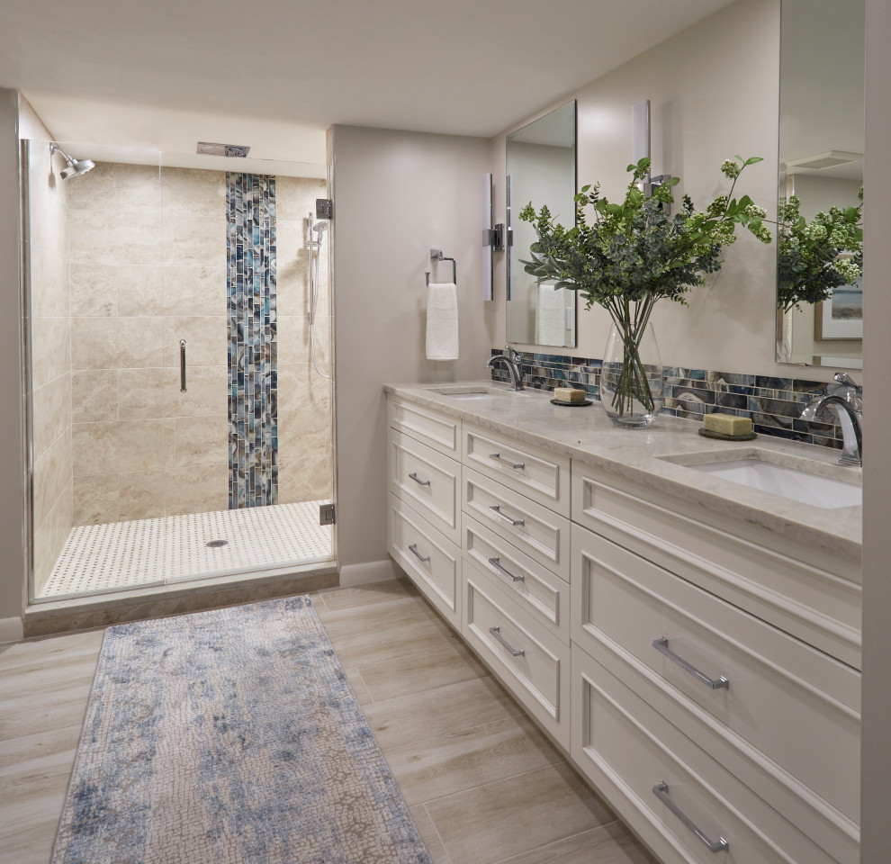 Bathroom - mid-sized transitional master double-sink bathroom idea with recessed-panel cabinets, white cabinets, quartz countertops and a built-in vanity