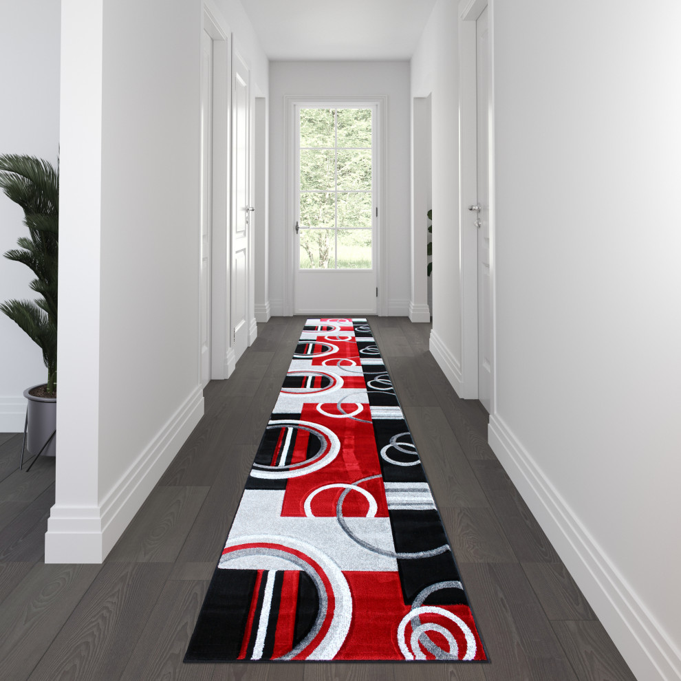 Athens Collection Runner 3' x 16' Red Abstract Area Rug Contemporary