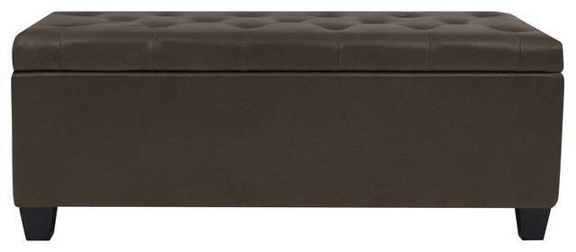 Tufted Wall Hugger Bench Storage Ottoman, Brown Renu Leather Fabric