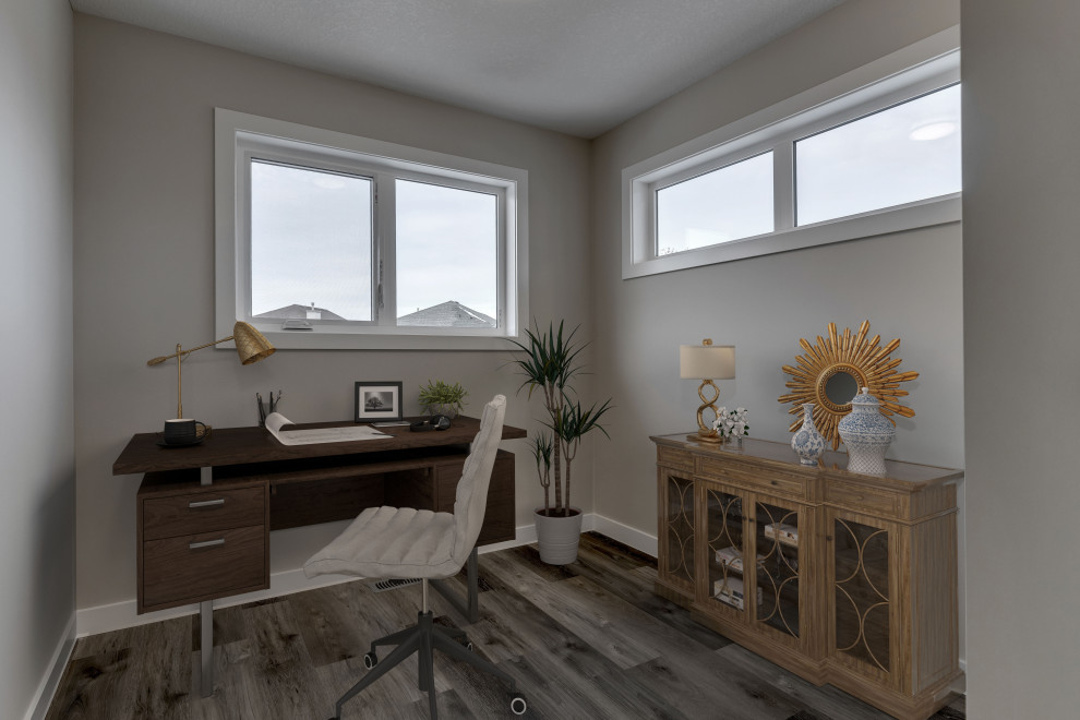 Idee per un piccolo ufficio contemporaneo con pareti grigie, pavimento in vinile, scrivania autoportante e pavimento grigio