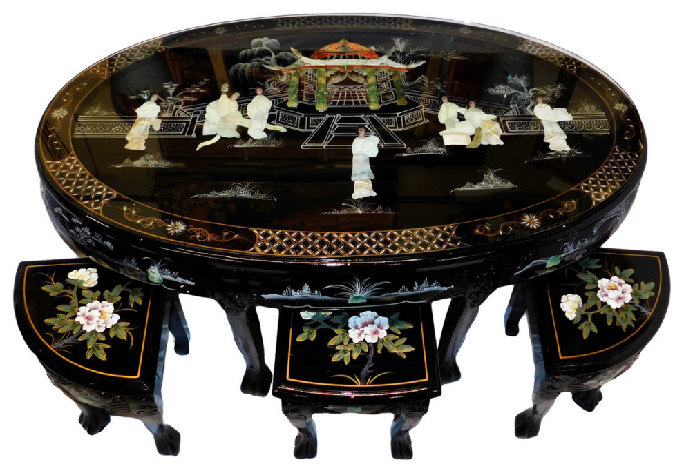 Shiny Black Lacquer Oriental Coffee Table Inlaid Pearl and 6 Stools,  7-Piece Set - Asian - Coffee Tables - by Oriental Furnishings | Houzz
