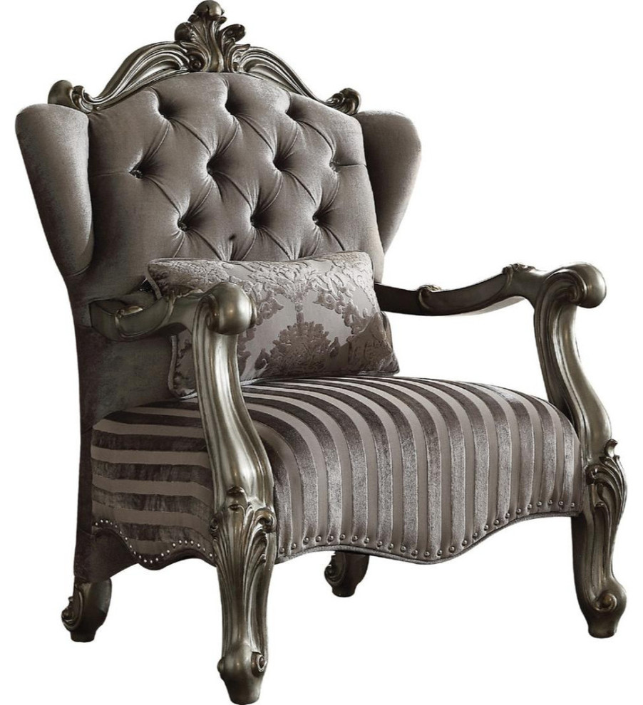 Traditional Style Velvet Upholstered Wooden Chair With Kidney Pillow, Gray