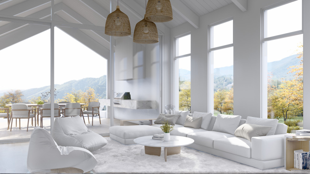 Стильный дизайн: большая гостиная комната в стиле кантри с белыми стенами, бетонным полом, белым полом и балками на потолке - последний тренд