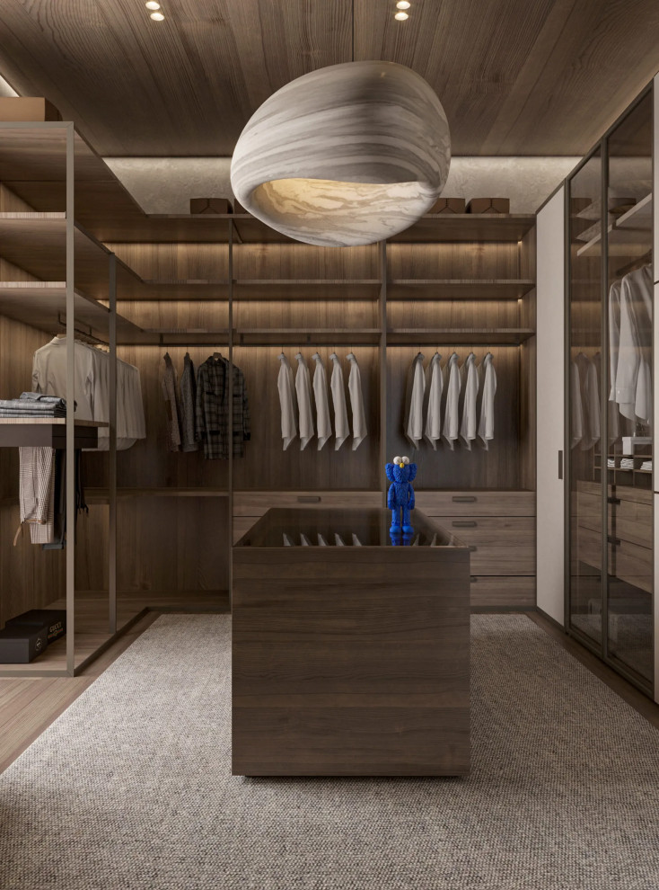 Idéer för ett stort modernt walk-in-closet för män, med öppna hyllor, skåp i mörkt trä, mörkt trägolv och brunt golv