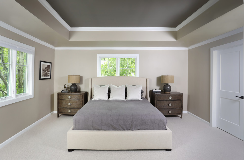 Foto di una camera matrimoniale minimalista di medie dimensioni con pareti beige, moquette, pavimento beige e soffitto ribassato