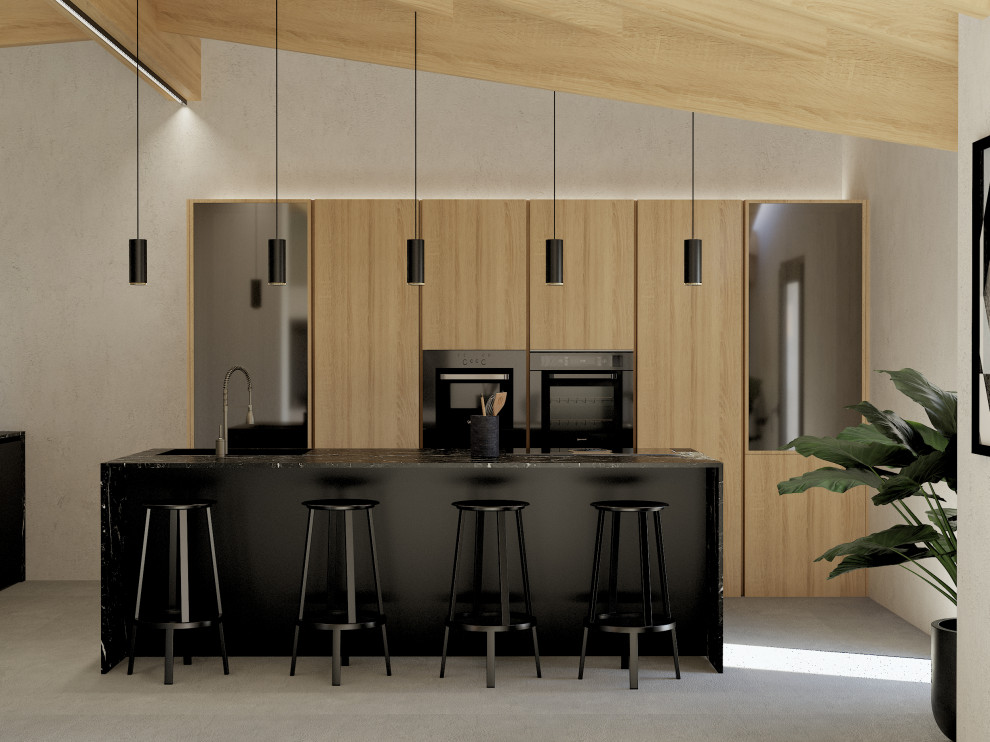Идея дизайна: большая параллельная кухня в современном стиле с обеденным столом, светлыми деревянными фасадами, столешницей из кварцевого агломерата, черной техникой, бетонным полом, двумя и более островами, бежевым полом и деревянным потолком