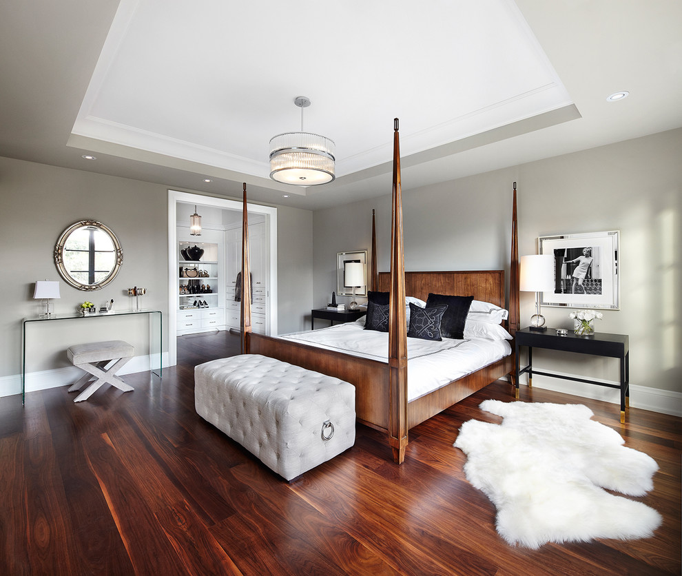 Design ideas for a transitional bedroom in Dallas with grey walls and dark hardwood floors.