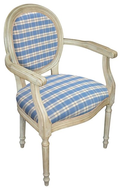 Blue Plaid Upholstered Wooden Armchair, Antique White Wash
