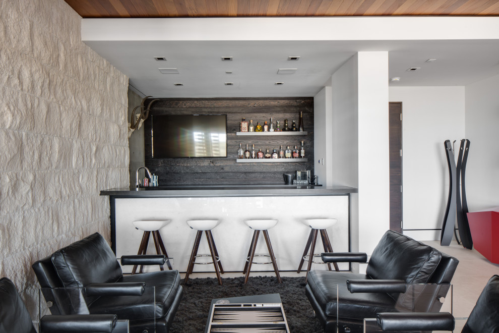 Inspiration for a contemporary seated home bar in Orange County with open cabinets, timber splashback and grey benchtop.