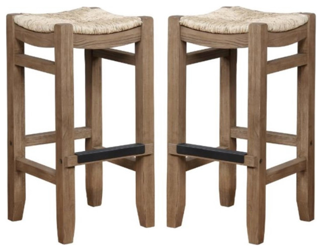 Home Square 30H Wood Bar Stool with Rush Seat in Brown Set of 3