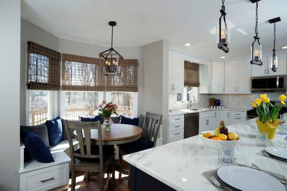 White and blue kitchen with banquette Transitional Kitchen