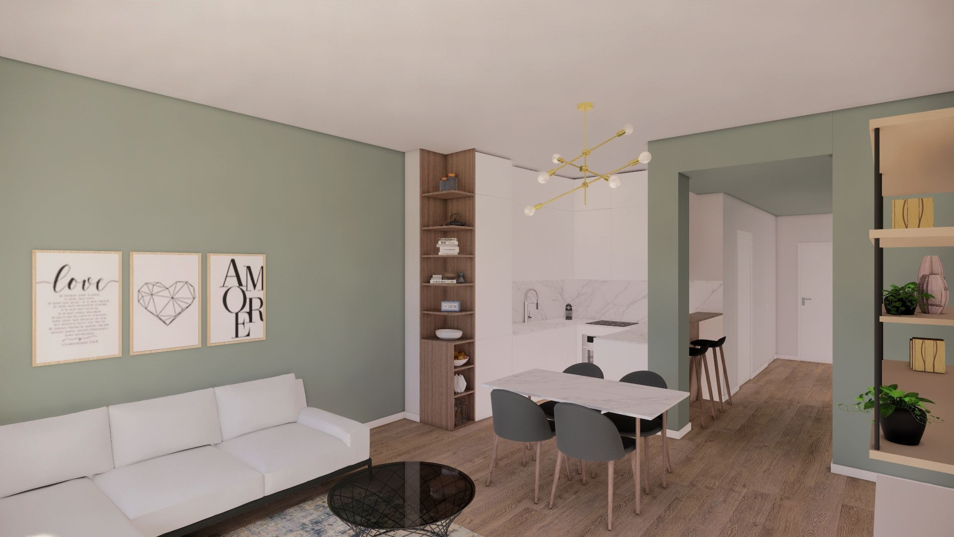 VIA SAVONA | Render soggiorno con cucina a "U"