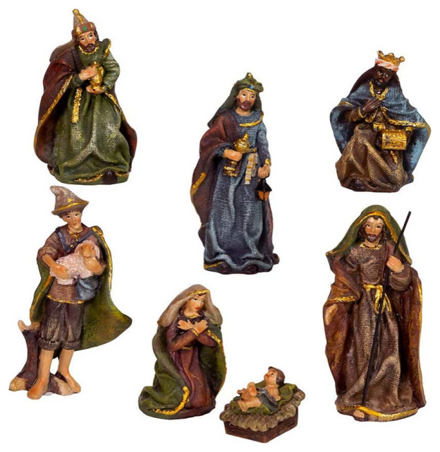 Kurt Adler 3.5" Resin Nativity, 7Piece Set, 3.5" Holiday Accents And