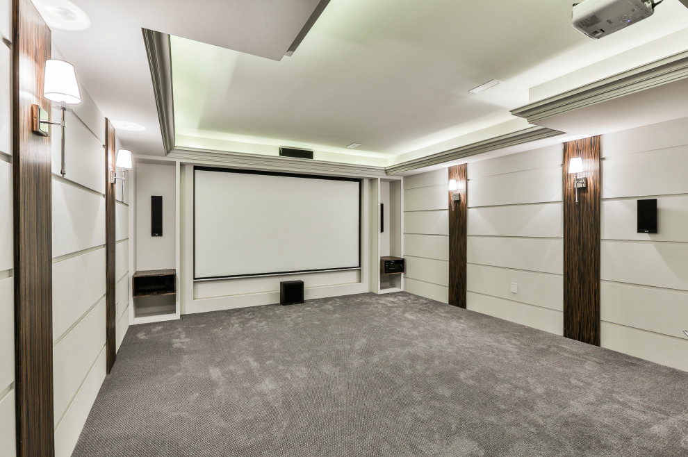 Design ideas for a transitional home theatre in Toronto.
