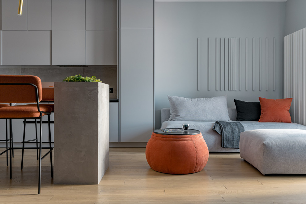 Immagine di un soggiorno design con pareti grigie, pavimento in legno massello medio e pavimento beige