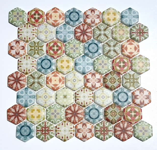 Glass Mosaic Tile Sheet Memoria Hexagon 1.5" Multicolor Pattern, Sample
