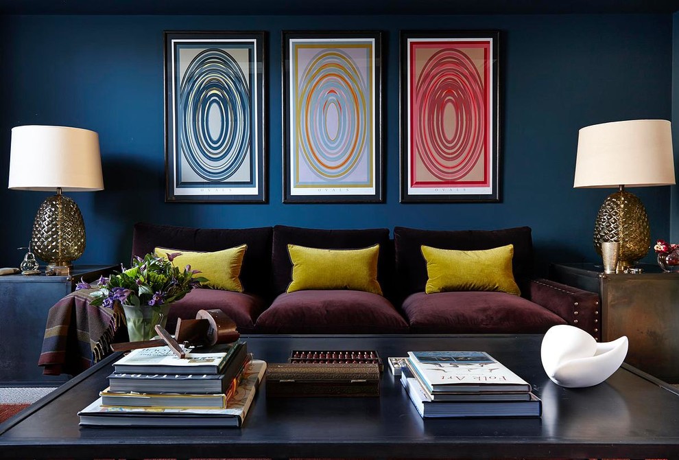 Inspiration for a contemporary living room in London with blue walls.