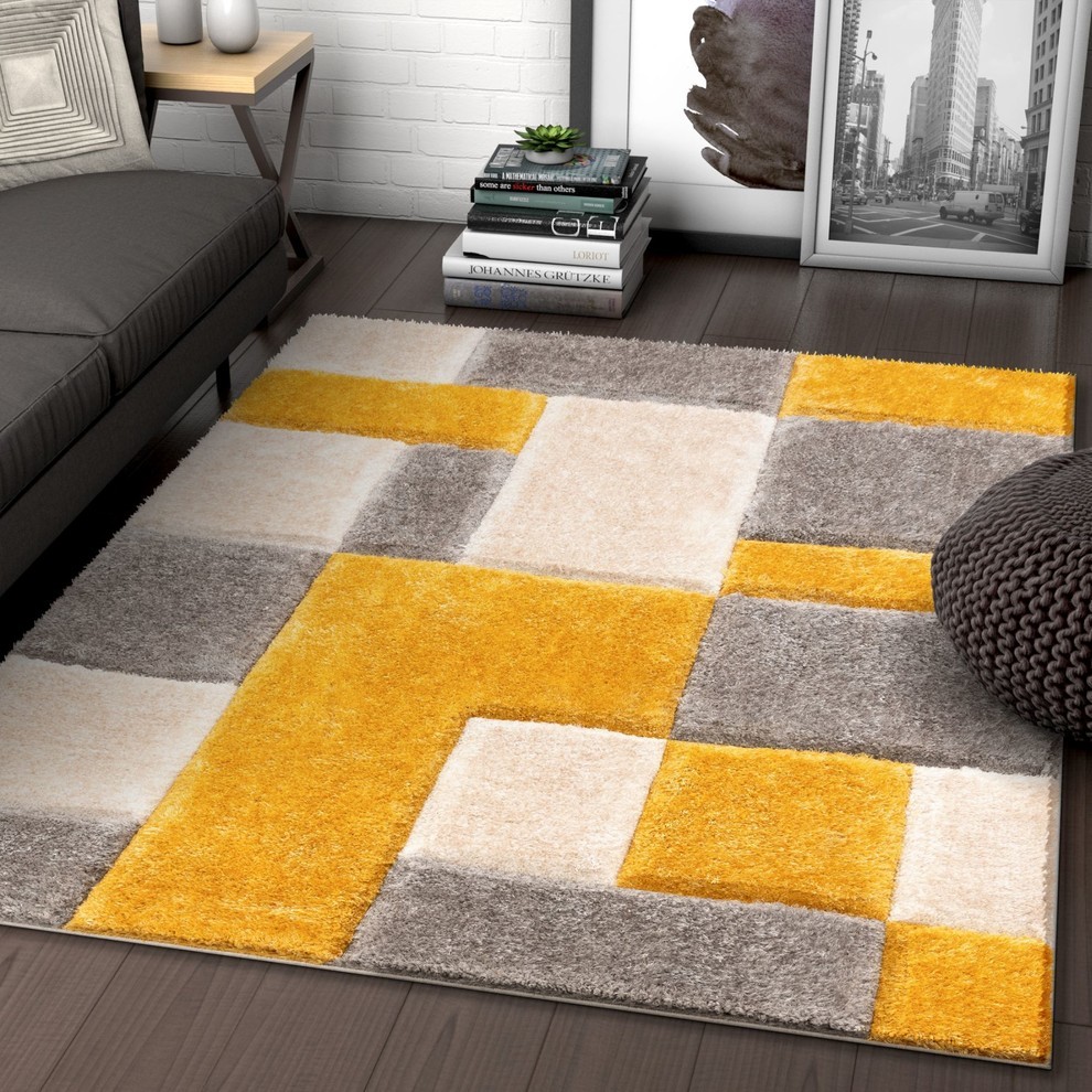 Well Woven San Francisco Escondido Modern Geometric Squares Yellow Shag