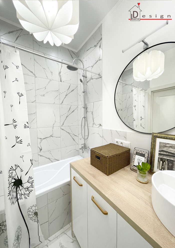 Inspiration for a medium sized contemporary ensuite bathroom in Moscow with white cabinets, a wall mounted toilet, white walls, porcelain flooring, a built-in sink, white floors, beige worktops and a freestanding vanity unit.