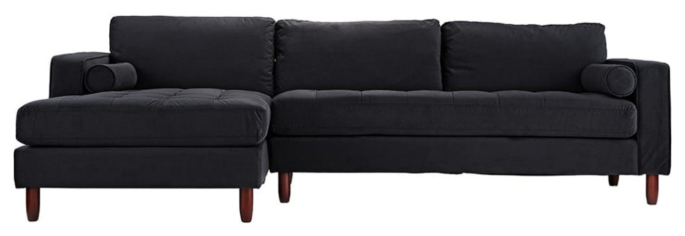 Modern Living Room Sectional With Extra Wide Chaise, Velvet Fabric, Black