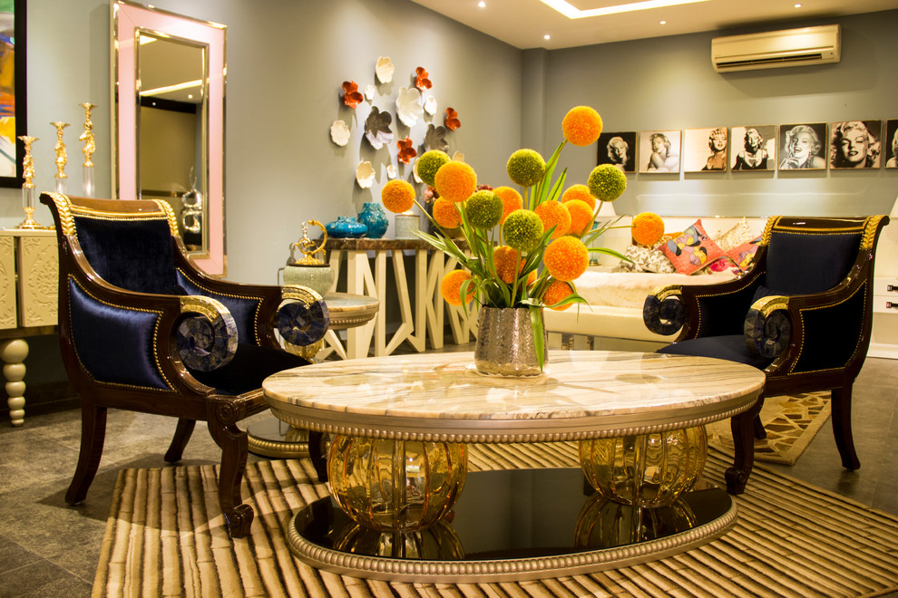 Design ideas for a transitional living room in Delhi.
