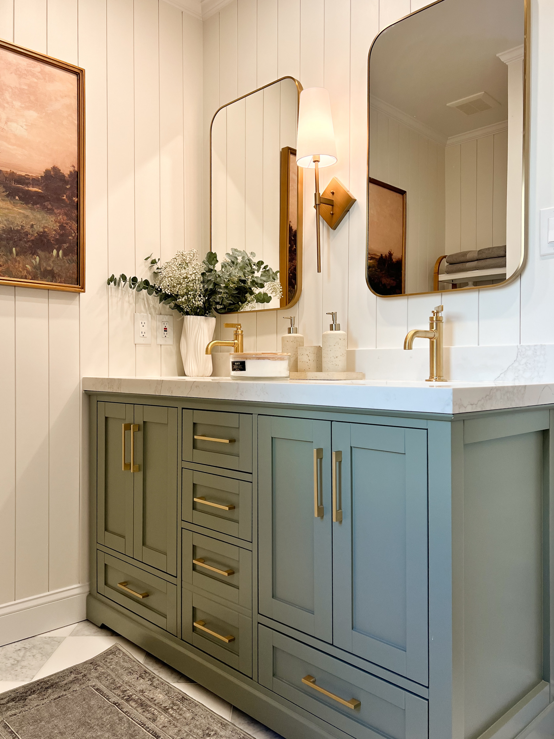 Transitional Primary Bathroom Renovation with herringbone ribbed tile, double vanity sink, and checkered flooring.