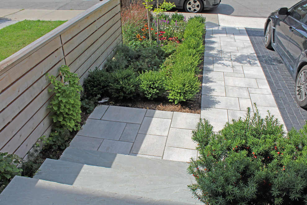 This is an example of a mid-sized eclectic front yard full sun driveway for summer in Toronto with with path and concrete pavers.