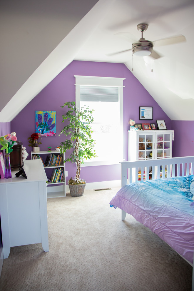 Inspiration for a large arts and crafts bedroom in Burlington with purple walls, carpet and no fireplace.