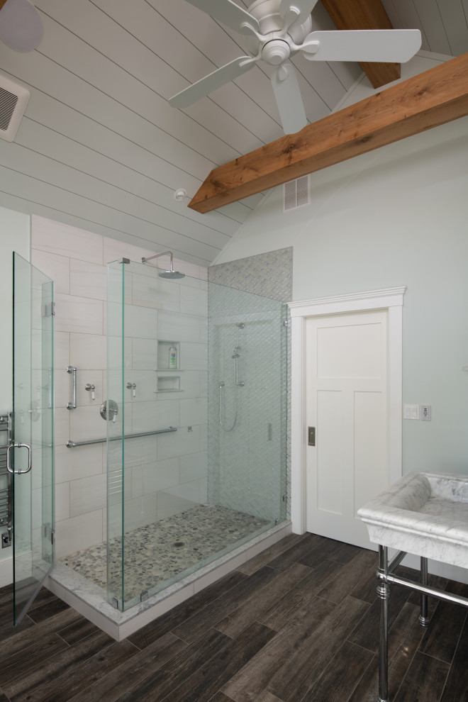 Bathroom - large coastal master white tile wood-look tile floor, brown floor, single-sink and shiplap ceiling bathroom idea in Boston with gray walls, a console sink, marble countertops, a hinged shower door, white countertops and a freestanding vanity