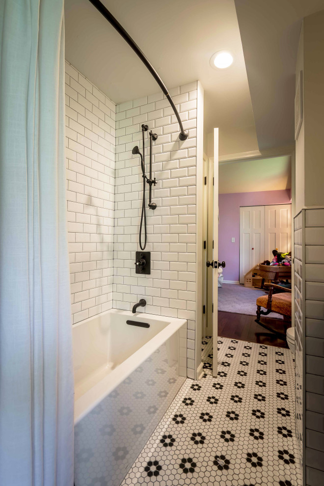 Inspiration for a mid-sized mid-century modern master white tile and subway tile ceramic tile, black floor, double-sink, wallpaper ceiling and wallpaper bathroom remodel in Chicago with beaded inset cabinets, medium tone wood cabinets, a one-piece toilet, white walls, an undermount sink, quartzite countertops, white countertops and a freestanding vanity