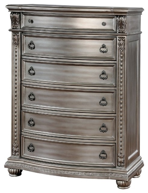 Six Drawer Solid Wood Chest With Marble Top And Bun Feet Silver