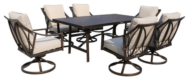 7 Piece Outdoor Liberty Bronze Aluminum Dining Set with 6 Swivel Chairs