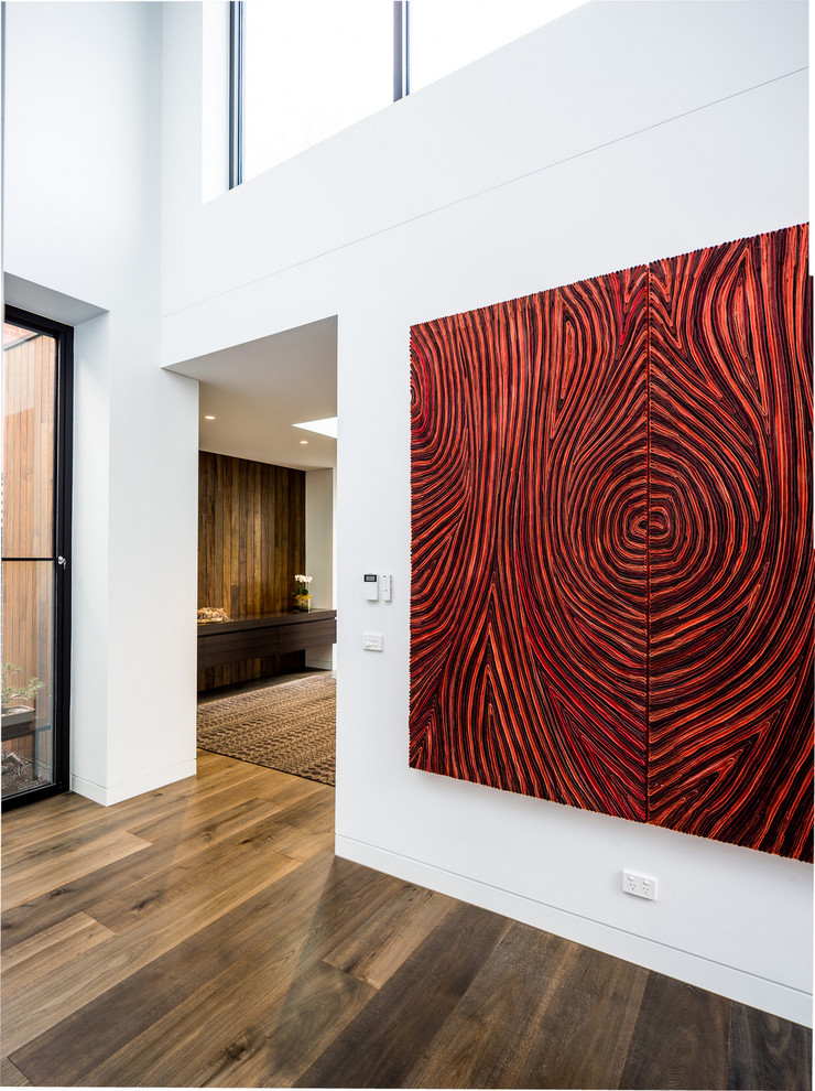 Photo of a large contemporary hallway in Melbourne with white walls and dark hardwood floors.