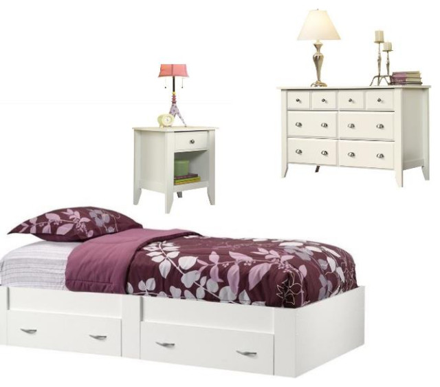 3 Piece Twin Platform Bed with Nightstand and Dresser Set in Soft White