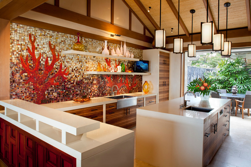 Tropical eat-in kitchen in Other with a farmhouse sink, flat-panel cabinets, medium wood cabinets, multi-coloured splashback and mosaic tile splashback.