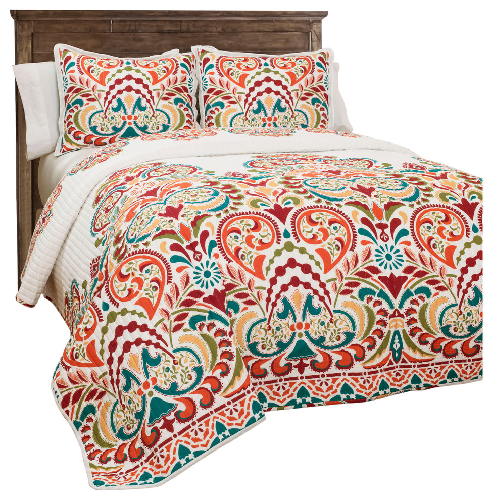 Clara Quilt Turquoise/Tangerine 3Pc Set Full/Queen Mediterranean Quilts And Quilt Sets by