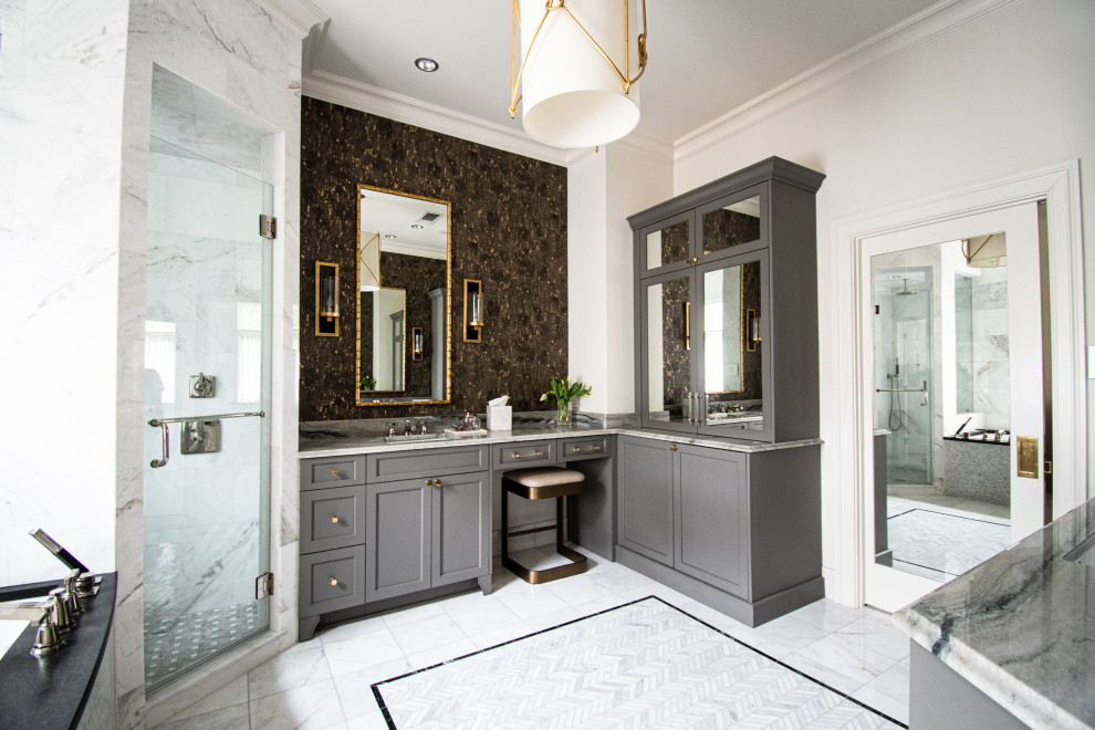 Inspiration for a transitional master white tile white floor and double-sink alcove shower remodel with shaker cabinets, gray cabinets, white walls, an undermount sink, a hinged shower door, gray countertops and a built-in vanity