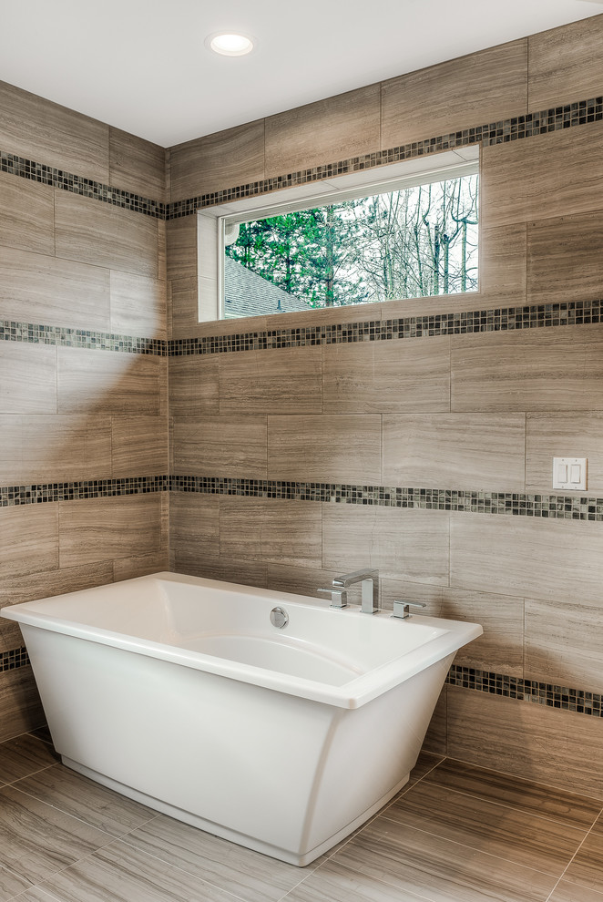 This is an example of a transitional master bathroom in Seattle with flat-panel cabinets, dark wood cabinets, a freestanding tub, a curbless shower, gray tile, ceramic tile, grey walls, ceramic floors, an undermount sink and engineered quartz benchtops.