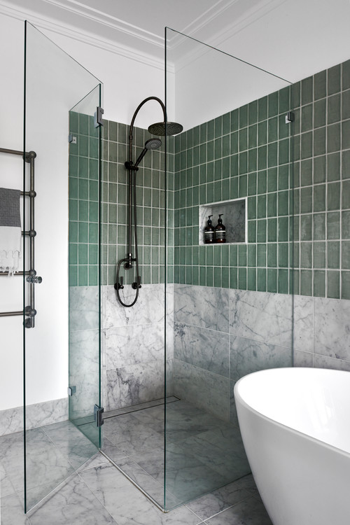 Gray Marble Shower Floor Tile Ideas with Green Wall Tiles