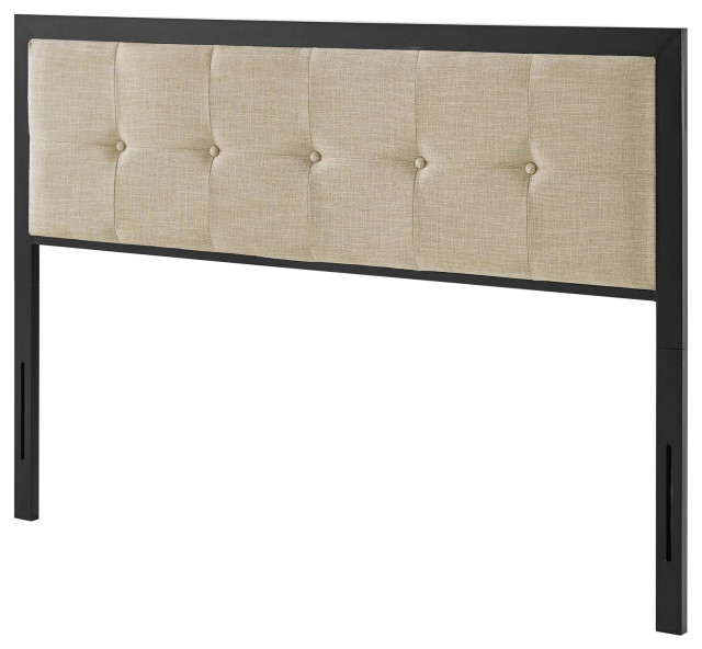 Tufted Headboard, Full Size, Fabric, Metal, Black Beige, Modern
