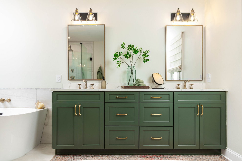 Freestanding bathtub - mid-sized contemporary master porcelain tile porcelain tile and double-sink freestanding bathtub idea in Atlanta with shaker cabinets, green cabinets, a two-piece toilet, an undermount sink, quartz countertops, a hinged shower door, a niche and a built-in vanity