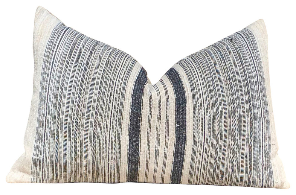 Striped Hmong Lumbar Pillow Black, Gray Lumbar Vintage Pillow, 14"x22", With