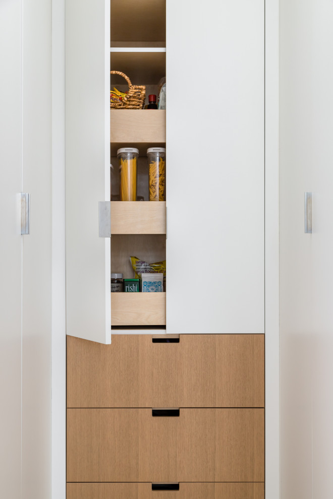 Inspiration for a small contemporary u-shaped kitchen pantry in Vancouver with flat-panel cabinets, white cabinets and medium hardwood flooring.