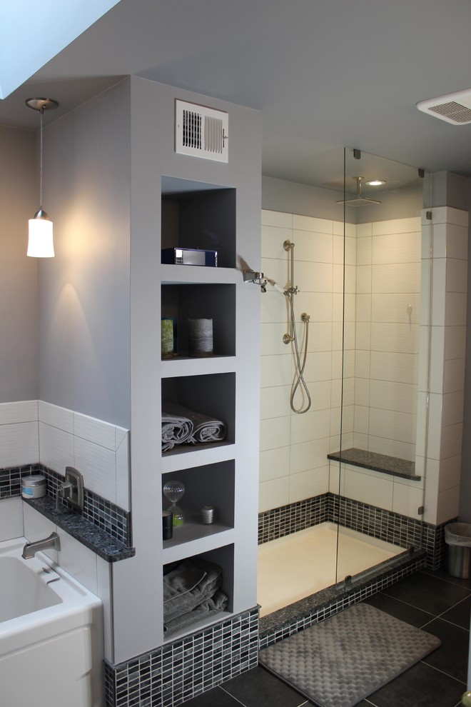 Inspiration for an expansive modern master bathroom in DC Metro with an undermount sink, recessed-panel cabinets, white cabinets, granite benchtops, an alcove tub, an open shower, a one-piece toilet, black and white tile, ceramic tile, blue walls and ceramic floors.
